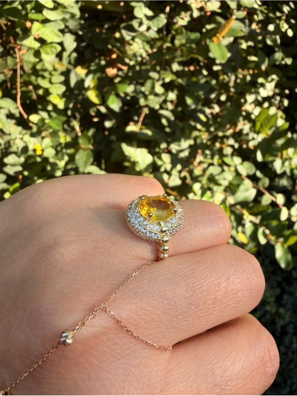 Gold Ring with Yellow Gemstone and Halo Accent - Picture 4 of 6
